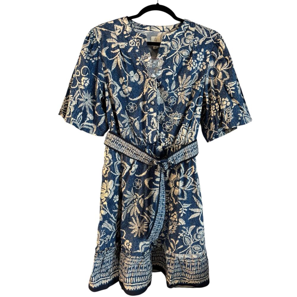 NWT Joie Blue White Floral Print Button Front Belted Dress Size 12 Short Sleeve